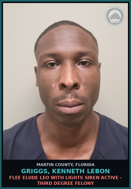 CCW arrest card for GRIGGS, KENNETH LEBON in Martin County: FLEE ELUDE LEO WITH LIGHTS SIREN ACTIVE - Third Degree Felony