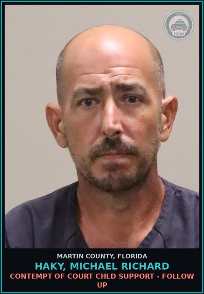 CCW arrest card for HAKY, MICHAEL RICHARD in Martin County: CONTEMPT OF COURT chld SUPPORT - Follow up
