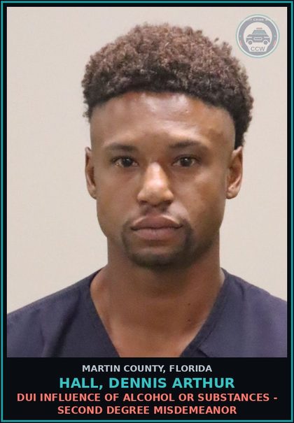 CCW arrest card for HALL, DENNIS ARTHUR in Martin County: DUI INFLUENCE OF ALCOHOL OR DRUGS - Second Degree Misdemeanor
