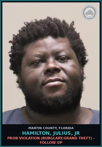 CCW arrest card for HAMILTON, JULIUS, Jr in Martin County: PROB VIOLATION (BURGLARY,GRAND THEFT) - Follow up