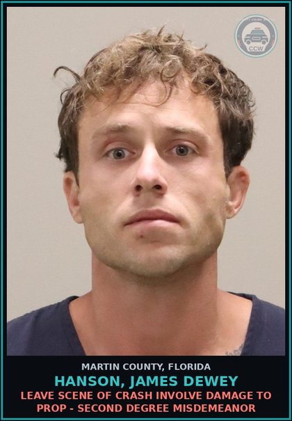 CCW arrest card for HANSON, JAMES DEWEY in Martin County: LEAVE SCENE OF CRASH INVOLVE DAMAGE TO PROP - Second Degree Misdemeanor