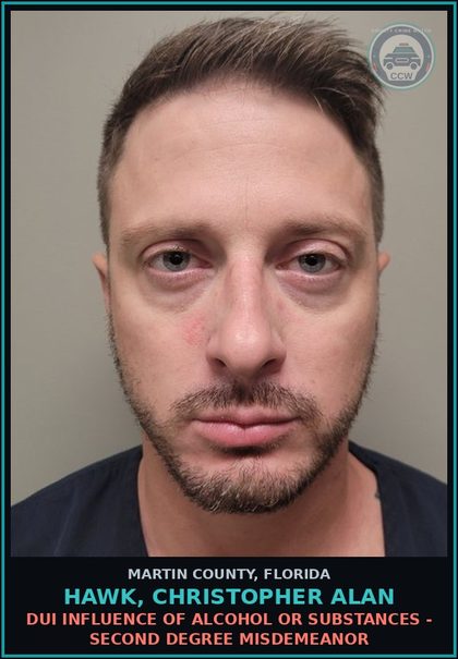 CCW arrest card for HAWK, CHRISTOPHER ALAN in Martin County: DUI INFLUENCE OF ALCOHOL OR DRUGS - Second Degree Misdemeanor