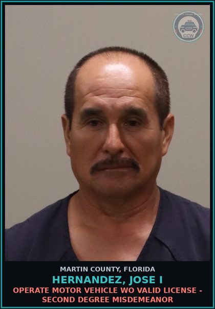 CCW arrest card for HERNANDEZ, JOSE I in Martin County: OPERATE MOTOR VEHICLE WO VALID LICENSE - Second Degree Misdemeanor