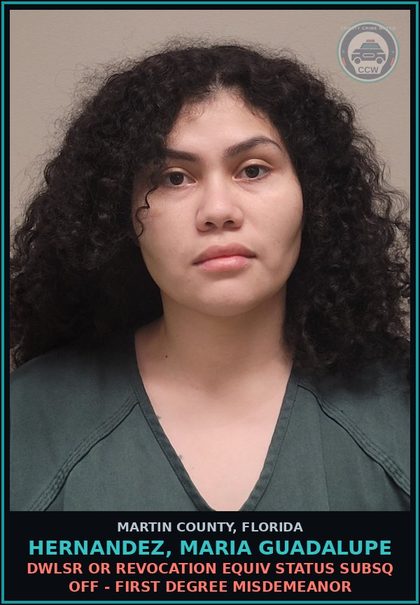 CCW arrest card for HERNANDEZ, MARIA GUADALUPE in Martin County: DWLSR OR REVOCATION EQUIV STATUS SUBSQ OFF - First Degree Misdemeanor