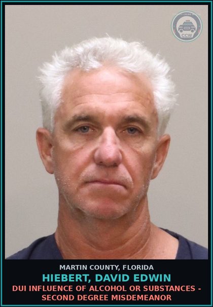 CCW arrest card for HIEBERT, DAVID EDWIN in Martin County: DUI INFLUENCE OF ALCOHOL OR DRUGS - Second Degree Misdemeanor