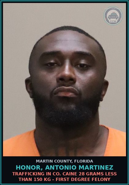 CCW arrest card for HONOR, ANTONIO MARTINEZ in Martin County: TRAFFICKING IN COCAINE 28 GRAMS LESS THAN 150 KG - First Degree Felony