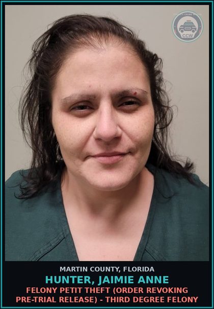 CCW arrest card for HUNTER, JAIMIE ANNE in Martin County: FELONY PETIT THEFT (ORDER REVOKING PRE-TRIAL RELEASE) - Third Degree Felony
