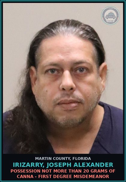 CCW arrest card for IRIZARRY, JOSEPH ALEXANDER in Martin County: ATTACH REGISTRATION LICENSE PLATE NOT ASSIGNED - Second Degree Misdemeanor