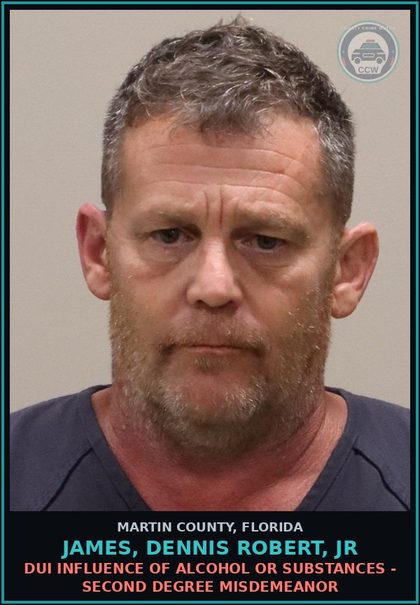 CCW arrest card for JAMES, DENNIS ROBERT, Jr in Martin County: DUI INFLUENCE OF ALCOHOL OR DRUGS - Second Degree Misdemeanor