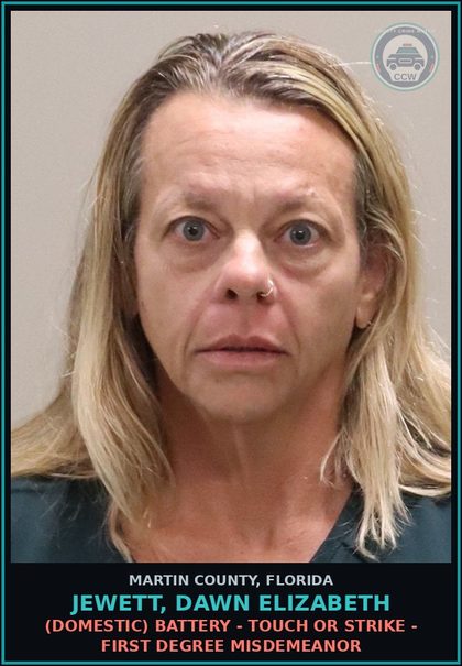 CCW arrest card for JEWETT, DAWN ELIZABETH in Martin County: (DOMESTIC) BATTERY - TOUCH OR STRIKE - First Degree Misdemeanor