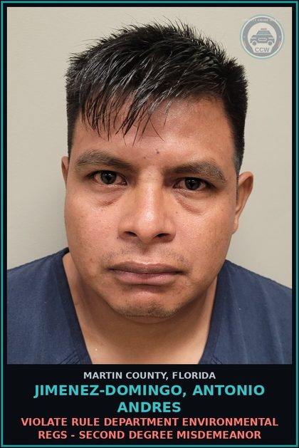 CCW arrest card for JIMENEZ-DOMINGO, ANTONIO ANDRES in Martin County: VIOLATE RULE DEPARTMENT ENVIRONMENTAL REGS - Second Degree Misdemeanor