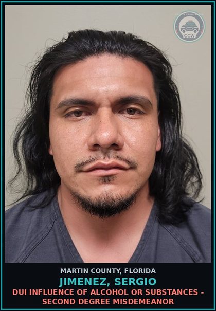 CCW arrest card for JIMENEZ, SERGIO in Martin County: DUI INFLUENCE OF ALCOHOL OR DRUGS - Second Degree Misdemeanor