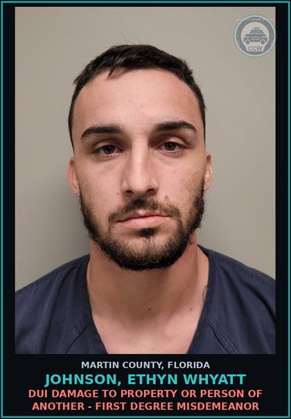 CCW arrest card for JOHNSON, ETHYN WHYATT in Martin County: DUI DAMAGE TO PROPERTY OR PERSON OF ANOTHER - First Degree Misdemeanor