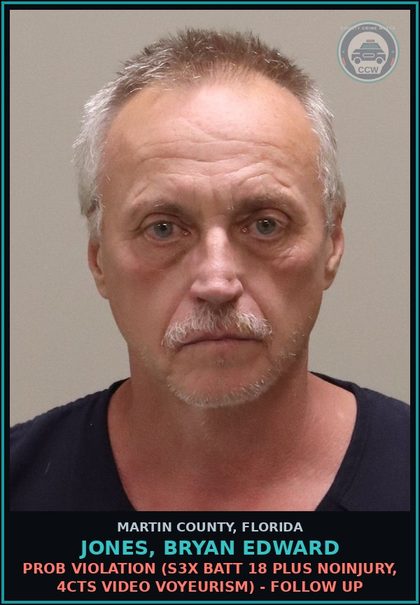 CCW arrest card for JONES, BRYAN EDWARD in Martin County: PROB VIOLATION (s3x BATT 18 PLUS NOINJURY, 4CTS VIDEO VOYEURISM) - Follow up