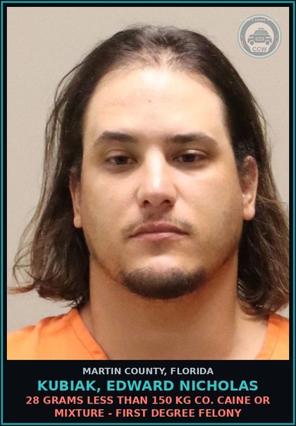 CCW arrest card for KUBIAK, EDWARD NICHOLAS in Martin County: SELL, MFG, DISTR, POSS SCHEDULEI OR II (COCAINE) - Second Degree Felony