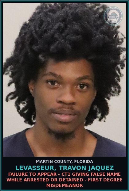 CCW arrest card for LEVASSEUR, TRAVON JAQUEZ in Martin County: FAILURE TO APPEAR - CT1 GIVING FALSE NAME WHILE ARRESTED OR DETAINED - First Degree Misdemeanor