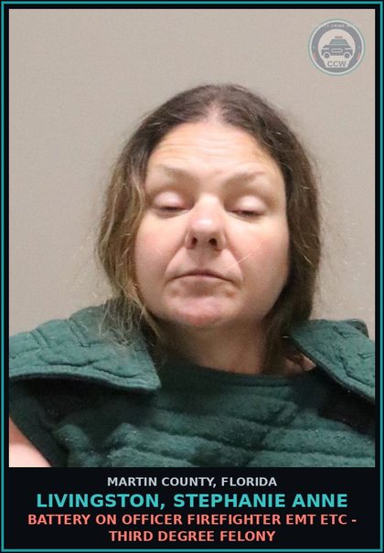 CCW arrest card for LIVINGSTON, STEPHANIE ANNE in Martin County: BATTERY ON OFFICER FIREFIGHTER EMT ETC - Third Degree Felony