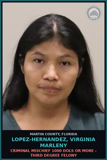 CCW arrest card for LOPEZ-HERNANDEZ, VIRGINIA MARLENY in Martin County: CRIMINAL MISCHIEF 1000 DOLS OR MORE - Third Degree Felony