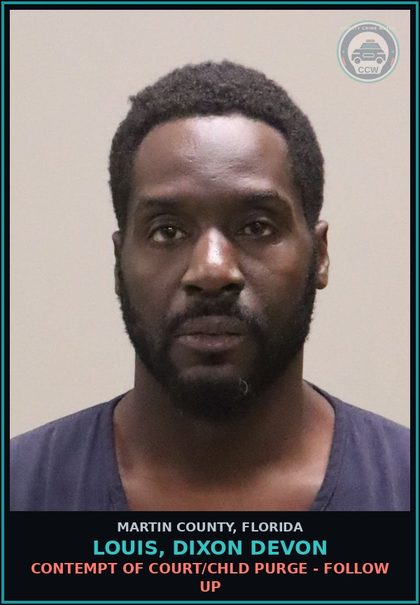 CCW arrest card for LOUIS, DIXON Devon in Martin County: CONTEMPT OF COURT/chld PURGE - Follow up