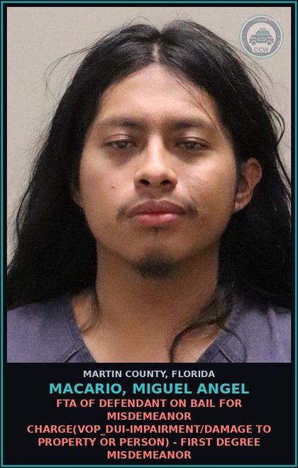CCW arrest card for MACARIO, MIGUEL ANGEL in Martin County: FTA OF DEFENDANT ON BAIL FOR MISDEMEANOR CHARGE(VOP_DUI-IMPAIRMENT/DAMAGE TO PROPERTY OR PERSON) - First Degree Misdemeanor