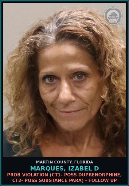 CCW arrest card for MARQUES, IZABEL D in Martin County: PROB VIOLATION (CT1- POSS DUPRENORPHINE, CT2- POSS DRUG PARA) - Follow up