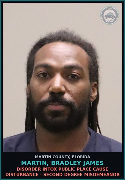 CCW arrest card for MARTIN, BRADLEY JAMES in Martin County: DISORDER INTOX PUBLIC PLACE CAUSE DISTURBANCE - Second Degree Misdemeanor