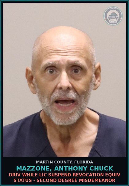 CCW arrest card for MAZZONE, ANTHONY CHUCK in Martin County: DRIV WHILE LIC SUSPEND REVOCATION EQUIV STATUS - Second Degree Misdemeanor