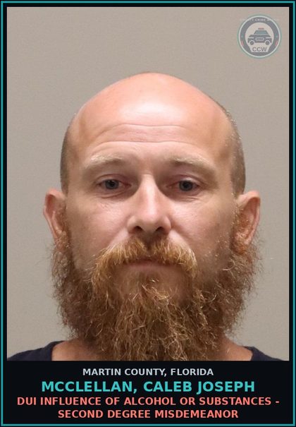 CCW arrest card for MCCLELLAN, CALEB JOSEPH in Martin County: DUI INFLUENCE OF ALCOHOL OR DRUGS - Second Degree Misdemeanor