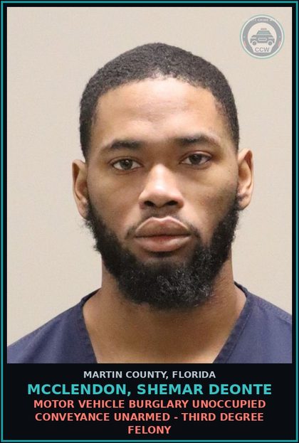 CCW arrest card for MCCLENDON, SHEMAR DEONTE in Martin County: FTADKS 05/01/2025 - (CT1 GRAND THEFT MOTOR VEHIC, CT2 BURG OF A CONVEYANCE) - Third Degree Felony
