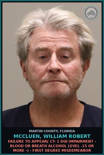 CCW arrest card for MCCLUEN, WILLIAM ROBERT in Martin County: FAILURE TO APPEAR( CT- 1 DUI IMPAIRMENT - BLOOD OR BREATH ALCOHOL LEVEL .15 OR MORE -) - First Degree Misdemeanor