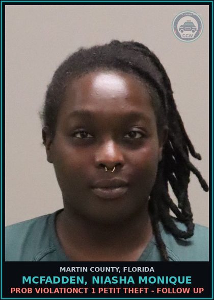 CCW arrest card for MCFADDEN, NIASHA MONIQUE in Martin County: DWLSR OR REVOCATION EQUIV STATUS SUBSQ OFF - First Degree Misdemeanor