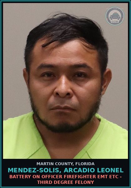 CCW arrest card for MENDEZ-SOLIS, ARCADIO LEONEL in Martin County: BATTERY ON OFFICER FIREFIGHTER EMT ETC - Third Degree Felony