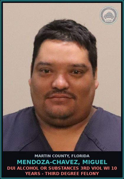 CCW arrest card for MENDOZA-CHAVEZ, MIGUEL in Martin County: DUI ALCOHOL OR DRUGS 3RD VIOL WI 10 YEARS - Third Degree Felony