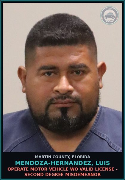 CCW arrest card for MENDOZA-HERNANDEZ, LUIS in Martin County: OPERATE MOTOR VEHICLE WO VALID LICENSE - Second Degree Misdemeanor