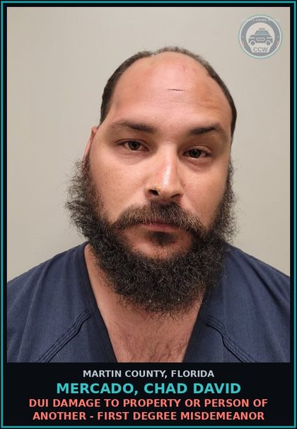 CCW arrest card for MERCADO, CHAD DAVID in Martin County: LEAVE SCENE OF CRASH INVOLVE DAMAGE TO PROP - Second Degree Misdemeanor