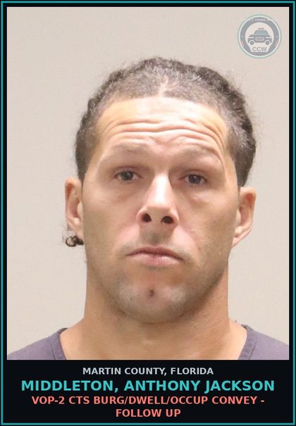 CCW arrest card for MIDDLETON, ANTHONY JACKSON in Martin County: VOP-2 CTS BURG/DWELL/OCCUP CONVEY - Follow up