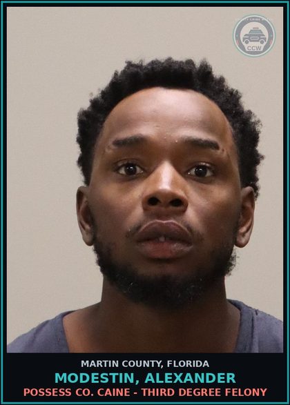 CCW arrest card for MODESTIN, ALEXANDER in Martin County: POSSESS COCAINE - Third Degree Felony