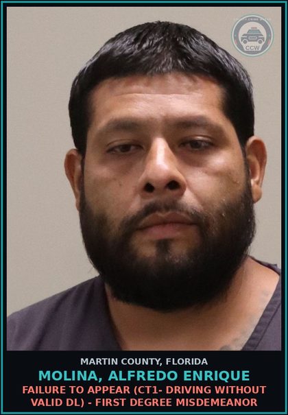 CCW arrest card for MOLINA, ALFREDO ENRIQUE in Martin County: FAILURE TO APPEAR (CT1- DRIVING WITHOUT VALID DL) - First Degree Misdemeanor