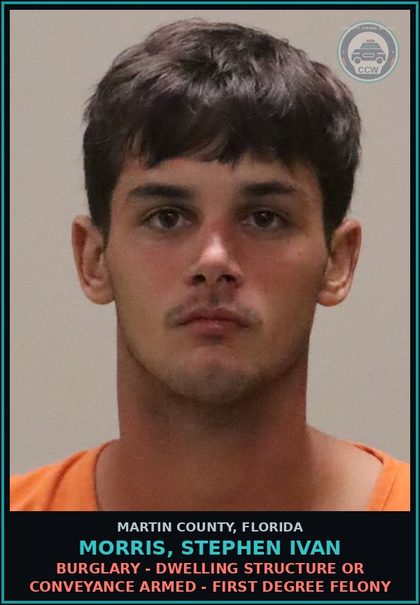 CCW arrest card for MORRIS, STEPHEN IVAN in Martin County: MOTOR VEHICLE BURGLARY UNOCCUPIED CONVEYANCE UNARMED - Third Degree Felony