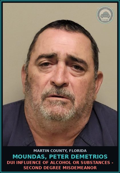 CCW arrest card for MOUNDAS, PETER DEMETRIOS in Martin County: DUI INFLUENCE OF ALCOHOL OR DRUGS - Second Degree Misdemeanor