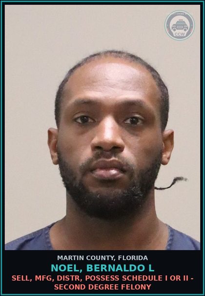 CCW arrest card for NOEL, BERNALDO L in Martin County: SELL, MFG, DISTR, POSSESS SCHEDULE I OR II - Second Degree Felony