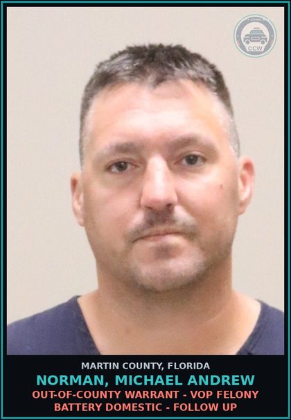 CCW arrest card for NORMAN, Michael ANDREW in Martin County: OUT-OF-COUNTY WARRANT - VOP FELONY BATTERY DOMESTIC - Follow up