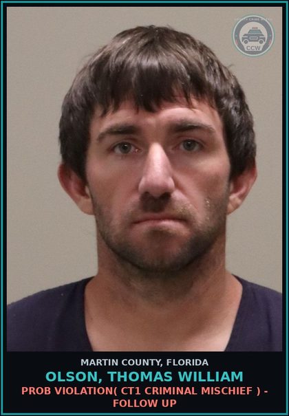 CCW arrest card for OLSON, THOMAS WILLIAM in Martin County: PROB VIOLATION( CT1 CRIMINAL MISCHIEF ) - Follow up