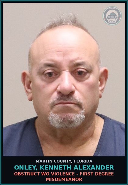 CCW arrest card for ONLEY, KENNETH ALEXANDER in Martin County: OBSTRUCT WO VIOLENCE - First Degree Misdemeanor