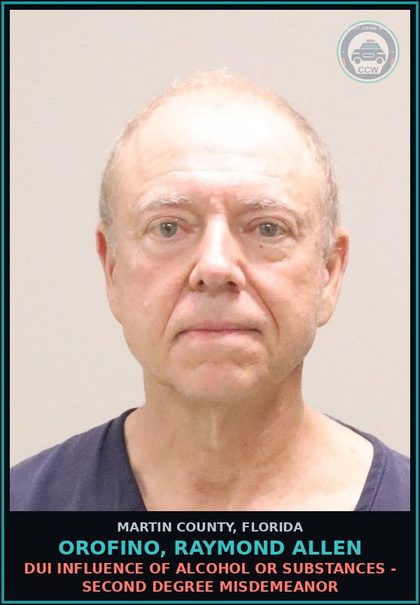 CCW arrest card for OROFINO, RAYMOND ALLEN in Martin County: DUI INFLUENCE OF ALCOHOL OR DRUGS - Second Degree Misdemeanor