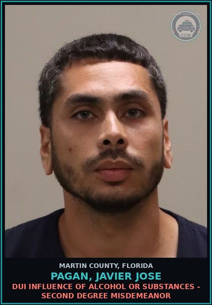 CCW arrest card for PAGAN, JAVIER JOSE in Martin County: DUI INFLUENCE OF ALCOHOL OR DRUGS - Second Degree Misdemeanor