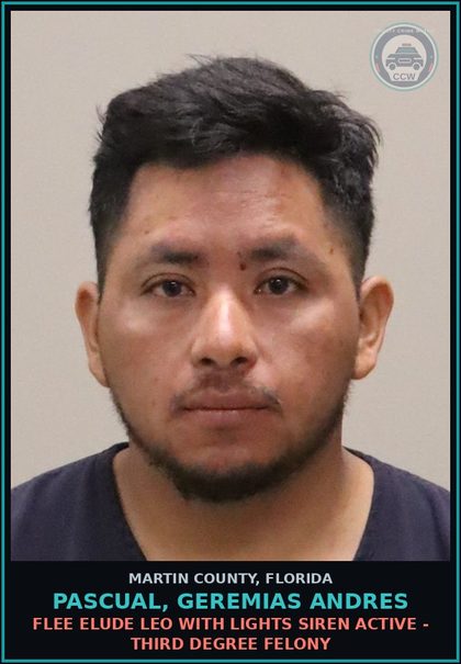 CCW arrest card for PASCUAL, GEREMIAS ANDRES in Martin County: FLEE ELUDE LEO WITH LIGHTS SIREN ACTIVE - Third Degree Felony