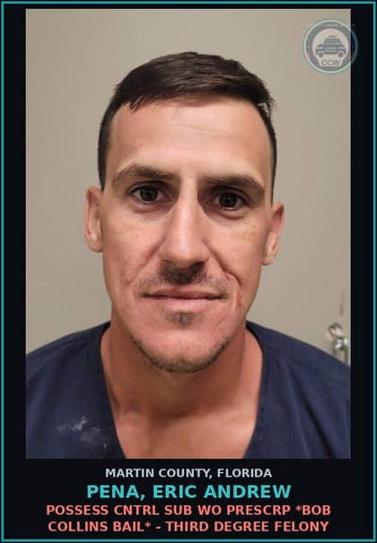 CCW arrest card for PENA, ERIC ANDREW in Martin County: DUI DAMAGE TO PROPERTY OR PERSON OF ANOTHER  *BOB COLLINS BAIL* BOND REVOKED - First Degree Misdemeanor