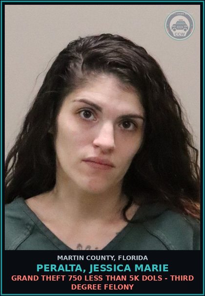CCW arrest card for PERALTA, JESSICA MARIE in Martin County: GRAND THEFT 750 LESS THAN 5K DOLS - Third Degree Felony