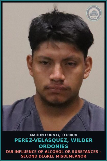 CCW arrest card for PEREZ-VELASQUEZ, WILDER ORDONIES in Martin County: DUI INFLUENCE OF ALCOHOL OR DRUGS - Second Degree Misdemeanor
